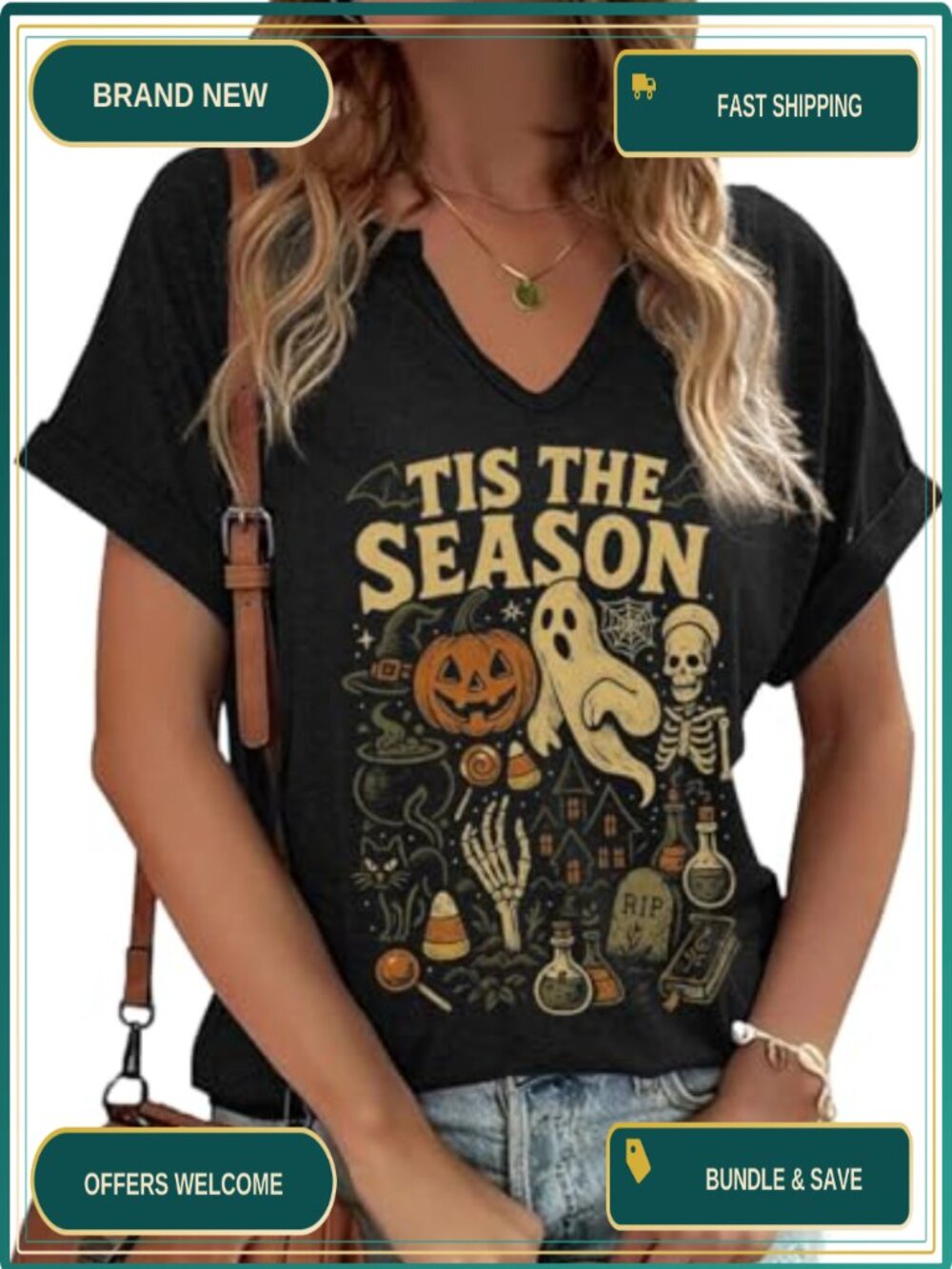TIXOM Womens Halloween V Neck Graphic Tee Fall Thanksgiving Shirt